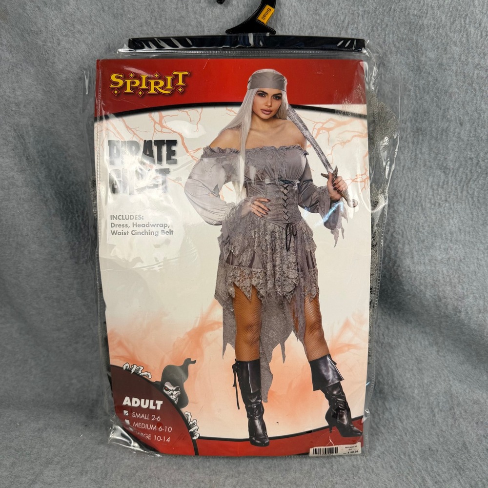 Spirit Pirate Ghost Costume Adult Small Grey Dress Headwrap Waist Belt NEW